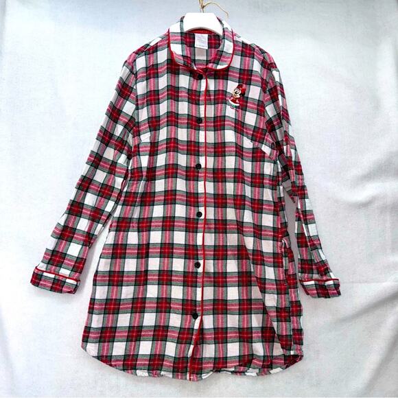 Women’s Disney Minnie Mouse Holiday Plaid Nightshirt Pockets Button Up Large - Picture 1 of 4